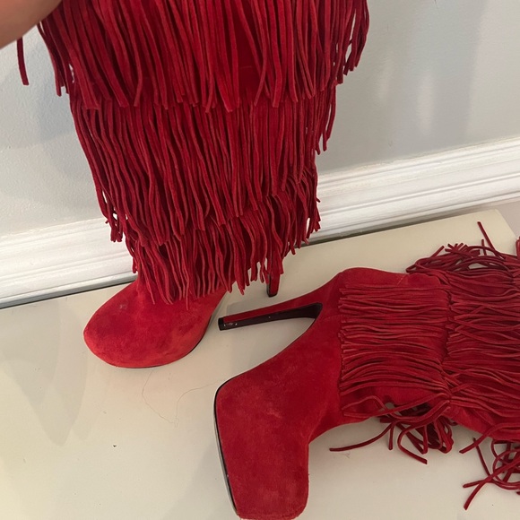 Red, Real Suede Shag Stiletto Boots - Picture 2 of 2